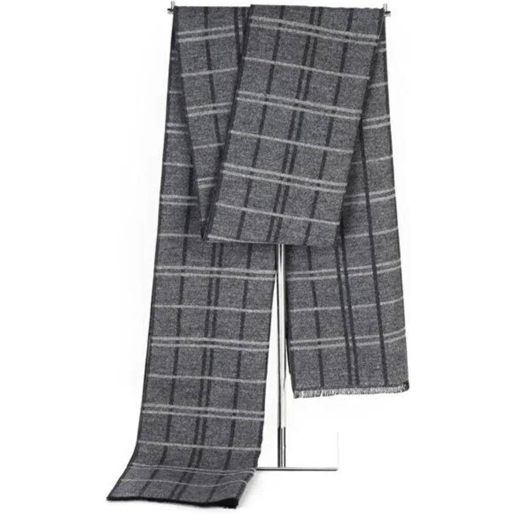 2 Packs Men's Cashmere Feel Winter Scarf Soft Warm Black Gray Plaid Stripe